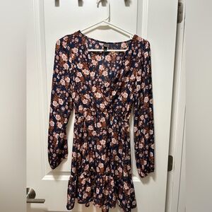 Alya Navy and Brown Floral Long Sleeve Dress